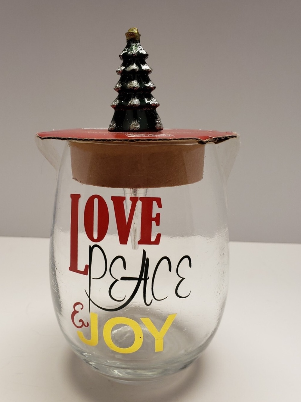 Christmas Stemless Wine Glass with 'Love Peace & Joy' and tree bottle stopper
